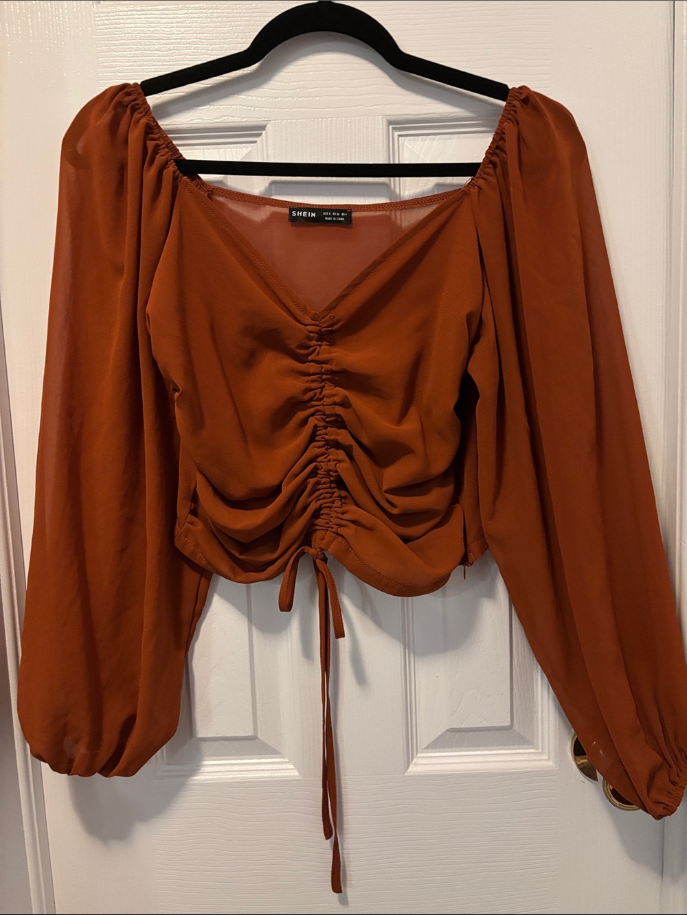 SHEIN Rust Brown Ruched Drawstring Puff Sleeve Blouse
